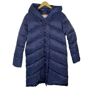 NWT Rebecca Minkoff Navy Puffer Coat Hooded Quilted‎ Full Zip Snap Midi Length S